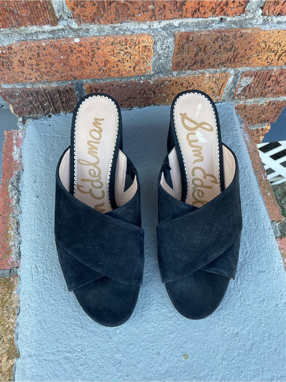 Sam Edelman Black Suede Cross Band Block Heel Mules Size 11